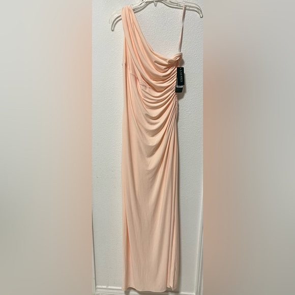 Lauren Ralph Lauren Floor Length One Shoulder Silhouette Peach Evening Dress - Picture 7 of 15